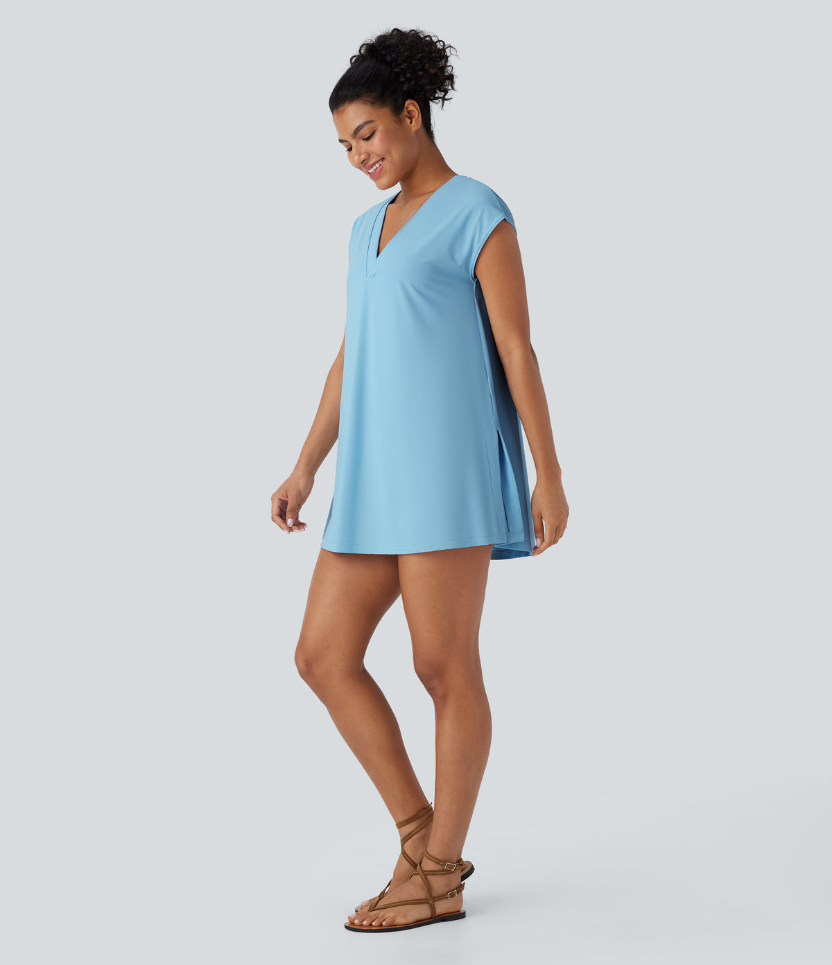 V Neck Split Casual Cover Up-UPF50+ — Sky Blue — view 7