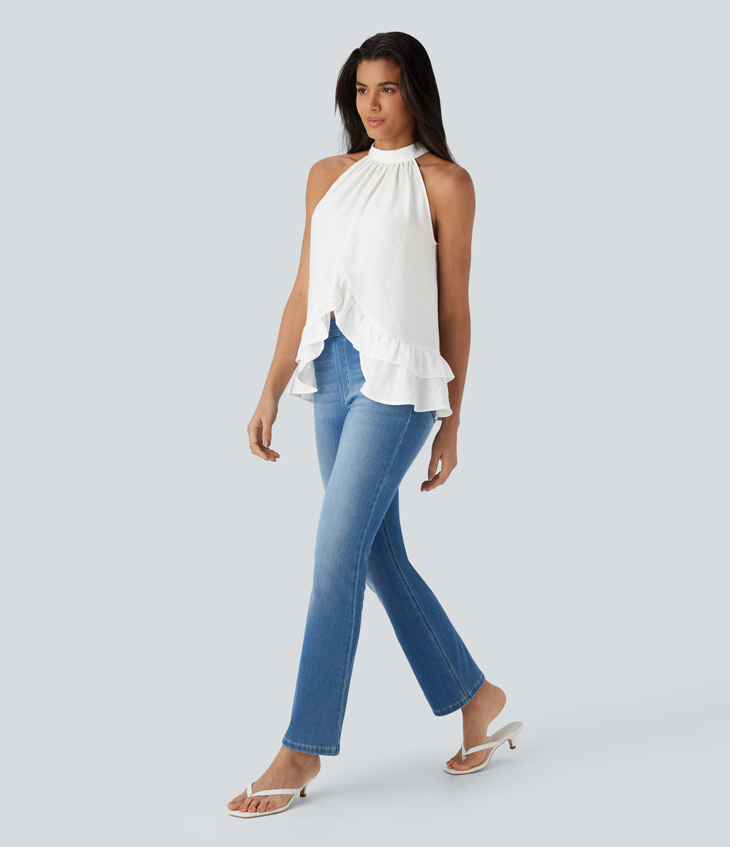 Mock Neck Sleeveless Button Asymmetric Ruffle Hem Casual Top — White — view 6