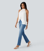 Mock Neck Sleeveless Button Asymmetric Ruffle Hem Casual Top — White — view 6