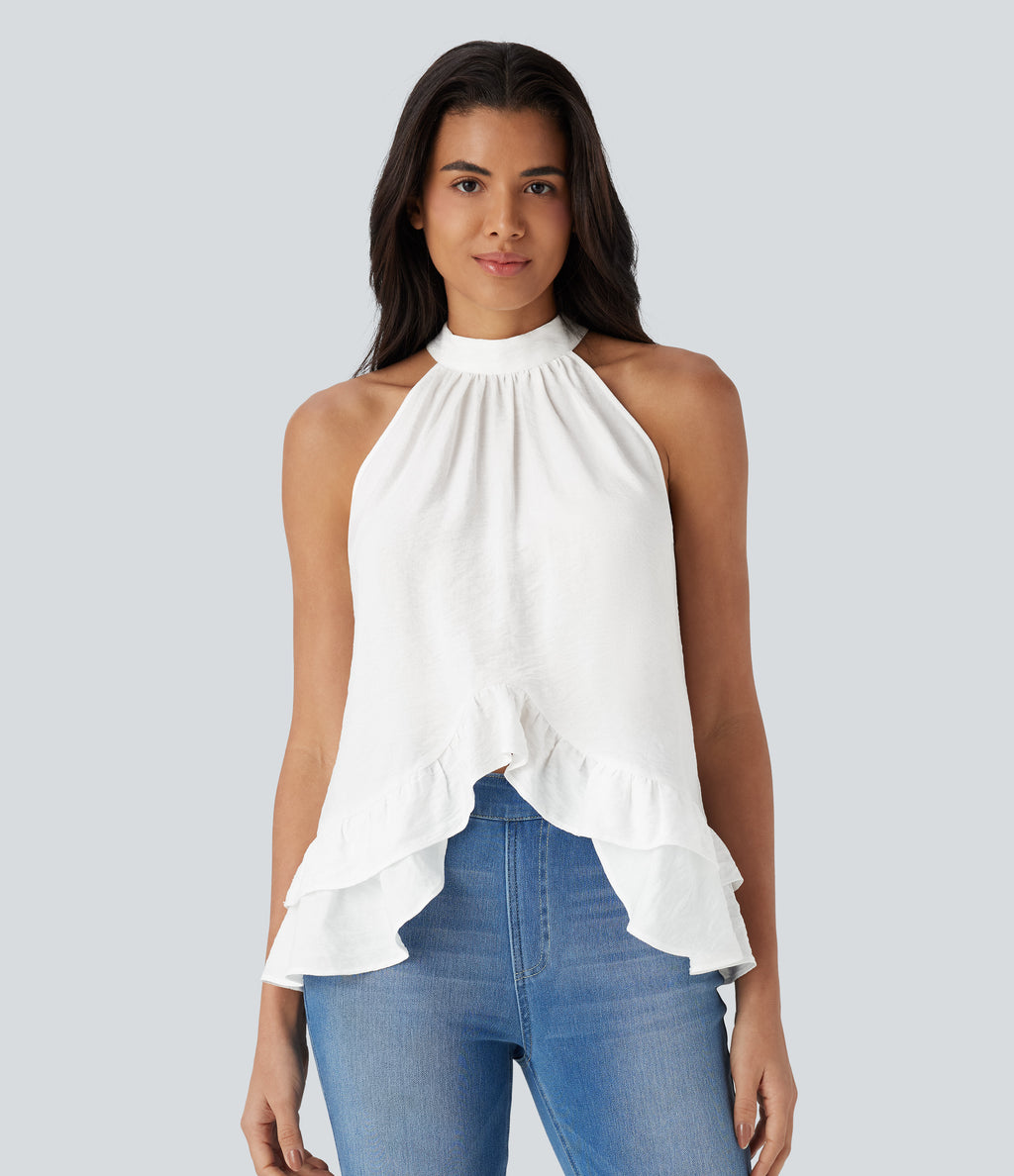 Mock Neck Sleeveless Button Asymmetric Ruffle Hem Casual Top — White — view 1