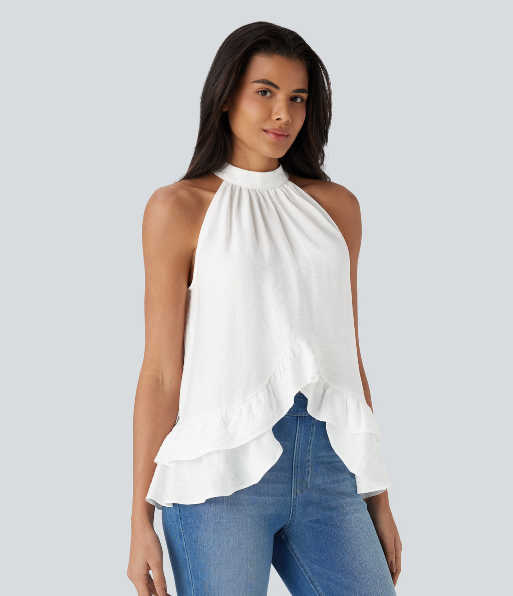 Mock Neck Sleeveless Button Asymmetric Ruffle Hem Casual Top — White — view 3