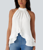 Mock Neck Sleeveless Button Asymmetric Ruffle Hem Casual Top — White — view 4