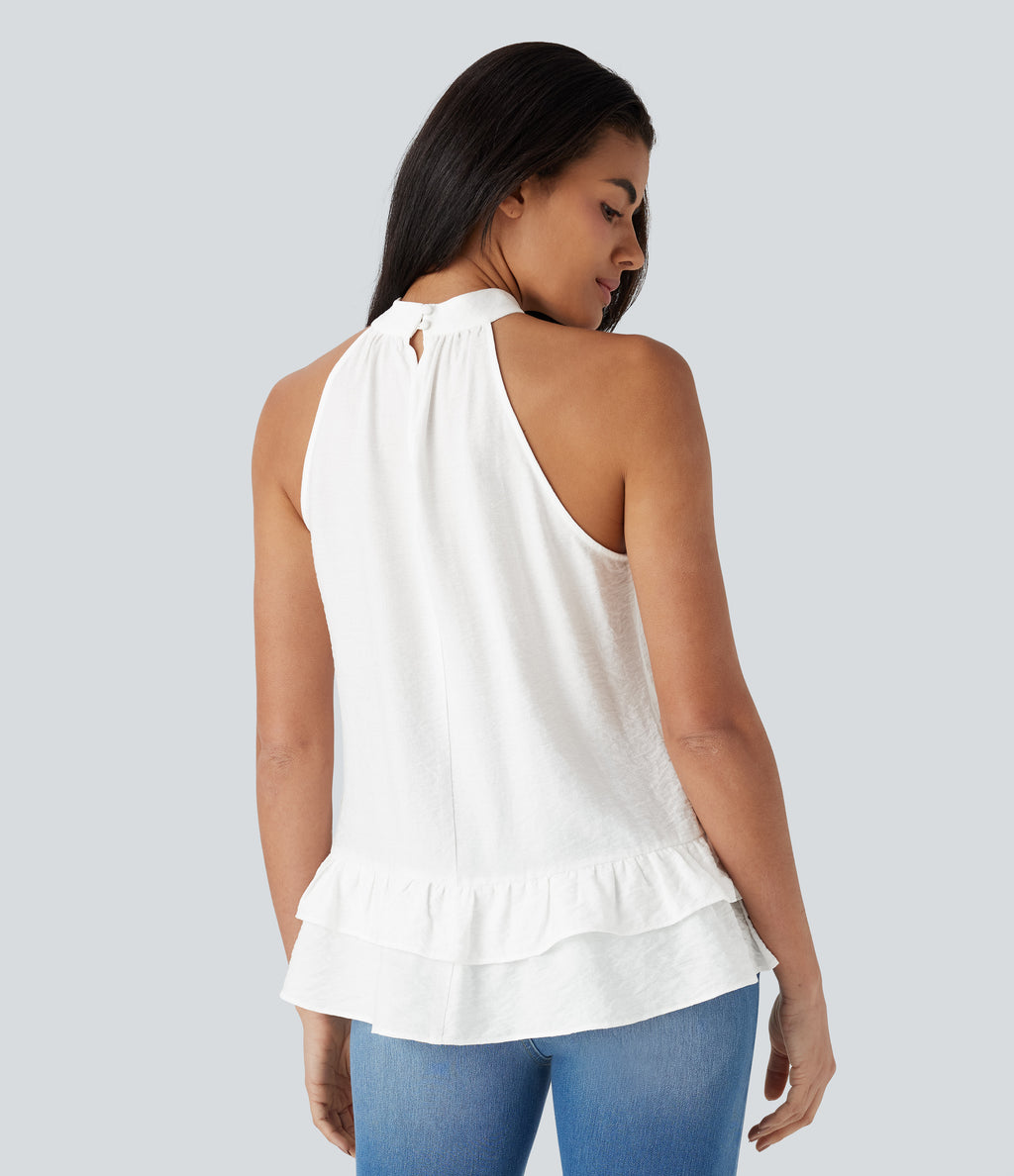 Mock Neck Sleeveless Button Asymmetric Ruffle Hem Casual Top — White — view 2