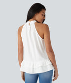 Mock Neck Sleeveless Button Asymmetric Ruffle Hem Casual Top — White — view 2
