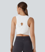 Cut Out Crossover Hem Solid Cropped Yoga Tank Vest Top — White — view 2
