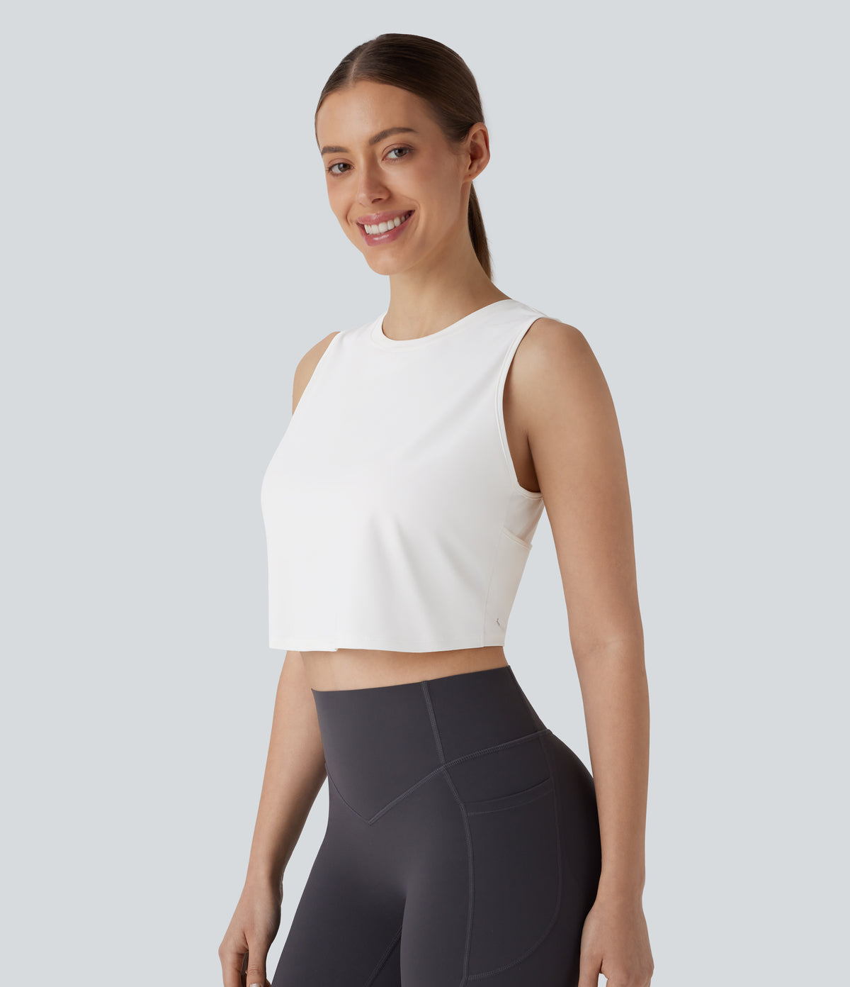 Cut Out Crossover Hem Solid Cropped Yoga Tank Vest Top — White — view 4
