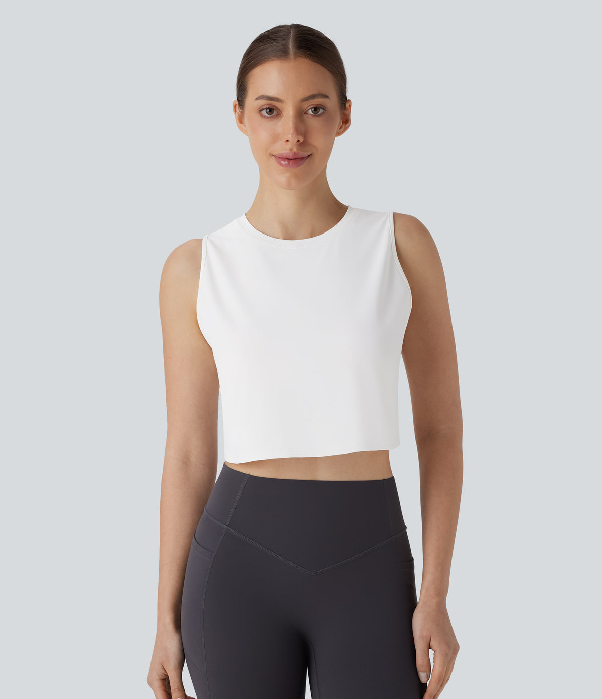 Cut Out Crossover Hem Solid Cropped Yoga Tank Vest Top — White — view 3