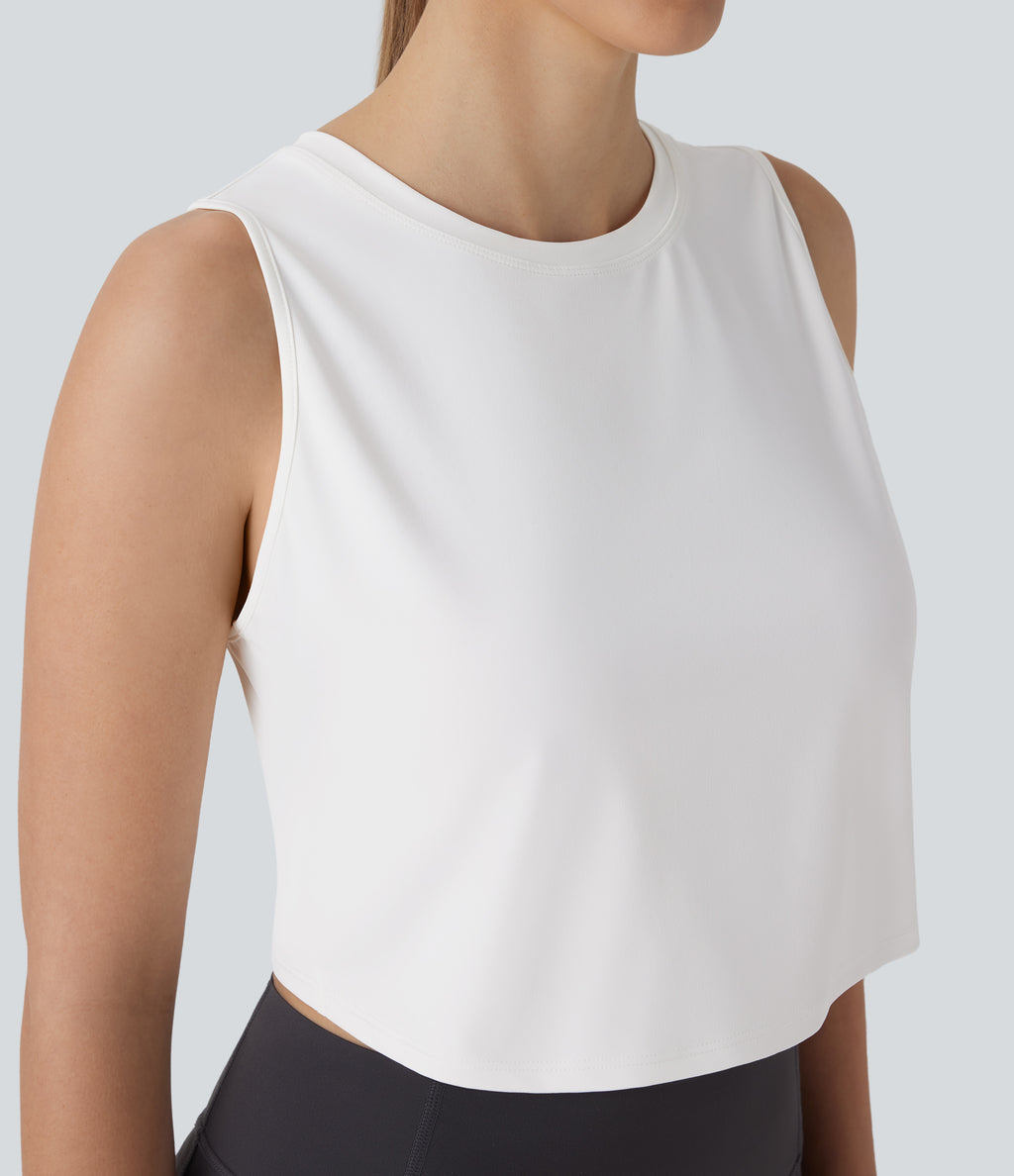 Cut Out Crossover Hem Solid Cropped Yoga Tank Vest Top — White — view 5