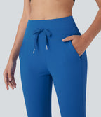 Plush High Waisted Drawstring Side Pocket Yoga Cropped Capri Joggers — Strong Blue — view 5