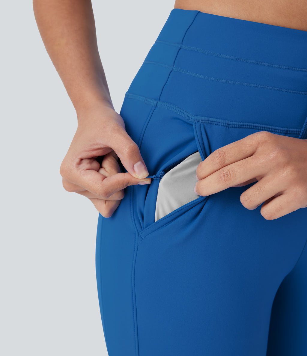 Plush High Waisted Drawstring Side Pocket Yoga Cropped Capri Joggers — Strong Blue — view 4