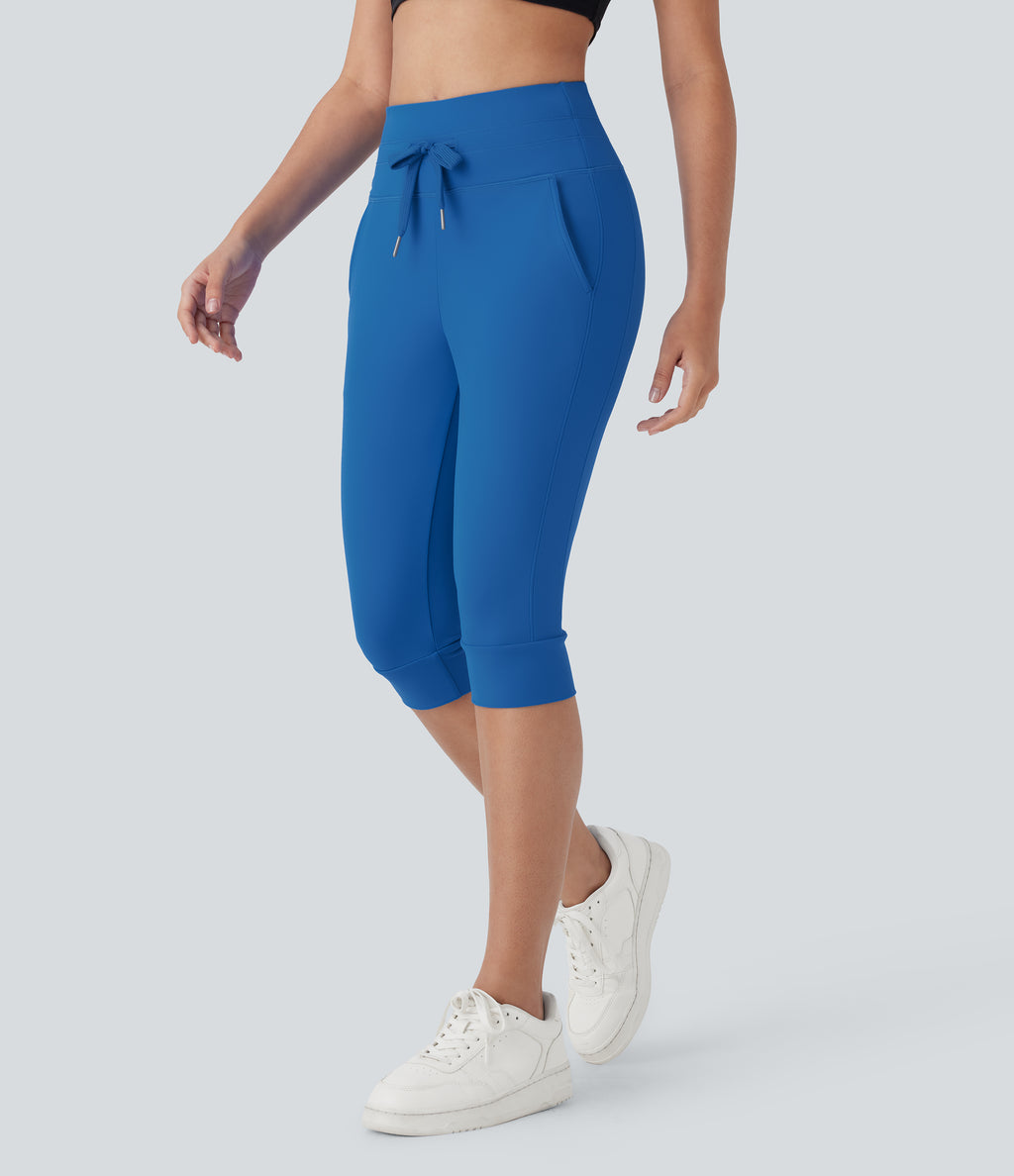 Plush High Waisted Drawstring Side Pocket Yoga Cropped Capri Joggers — Strong Blue — view 3