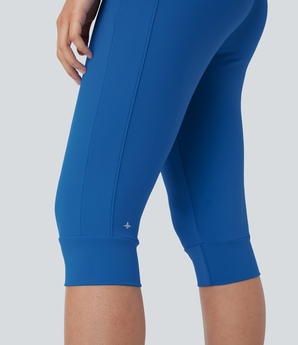Plush High Waisted Drawstring Side Pocket Yoga Cropped Capri Joggers — Strong Blue — view 6