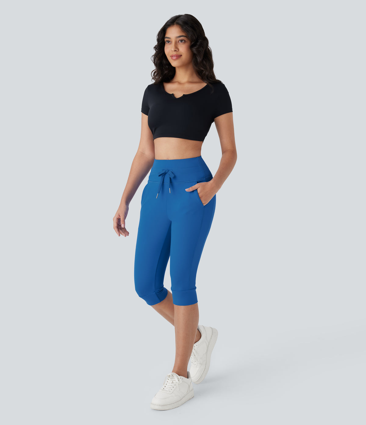 Plush High Waisted Drawstring Side Pocket Yoga Cropped Capri Joggers — Strong Blue — view 7