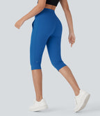 Plush High Waisted Drawstring Side Pocket Yoga Cropped Capri Joggers — Strong Blue — view 2