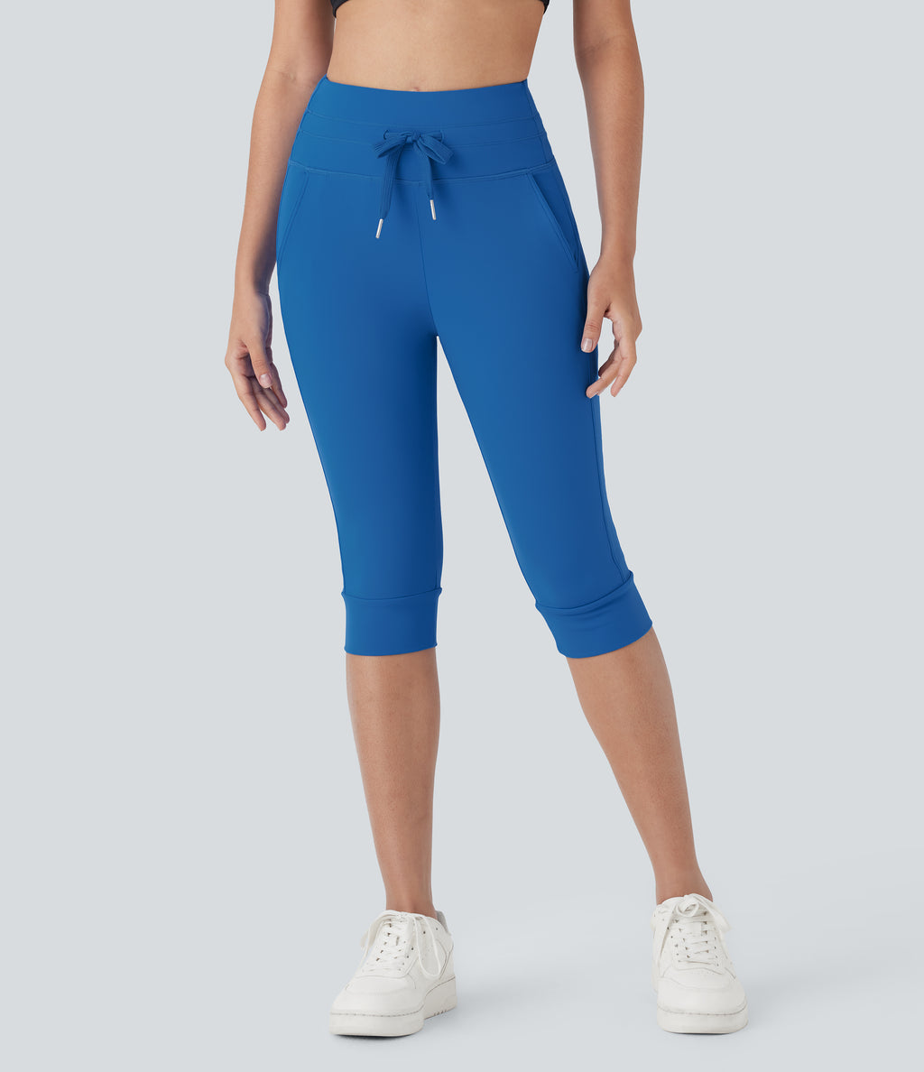 Plush High Waisted Drawstring Side Pocket Yoga Cropped Capri Joggers — Strong Blue — view 1