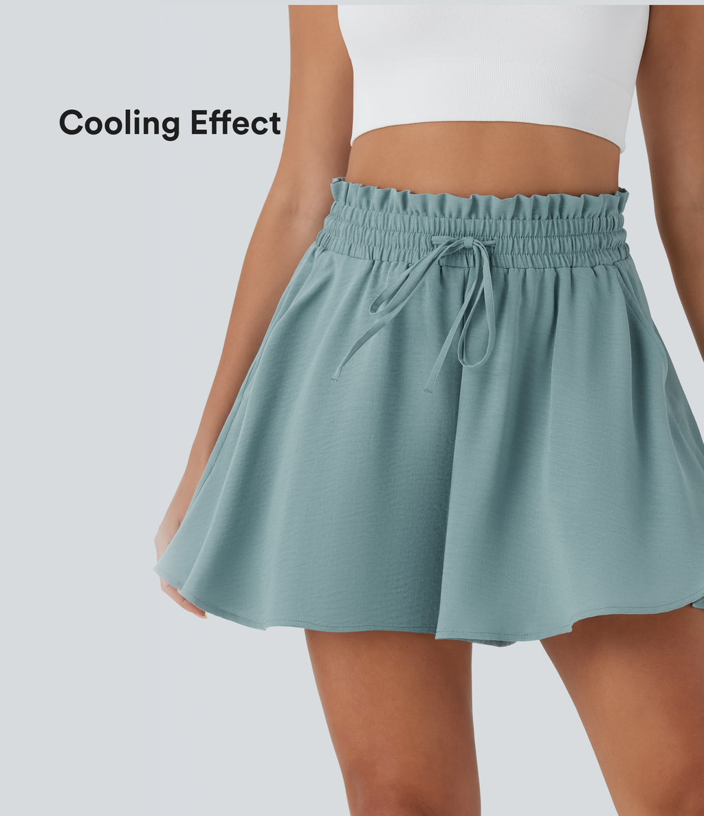 Paper Bag High Waist Drawstring Side Pocket Casual Linen-Feel Wide Leg Shorts — Morning Dew Green — view 2