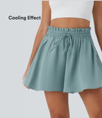 Paper Bag High Waist Drawstring Side Pocket Casual Linen-Feel Wide Leg Shorts — Morning Dew Green — view 2