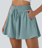 Paper Bag High Waist Drawstring Side Pocket Casual Linen-Feel Wide Leg Shorts — Morning Dew Green — view 1
