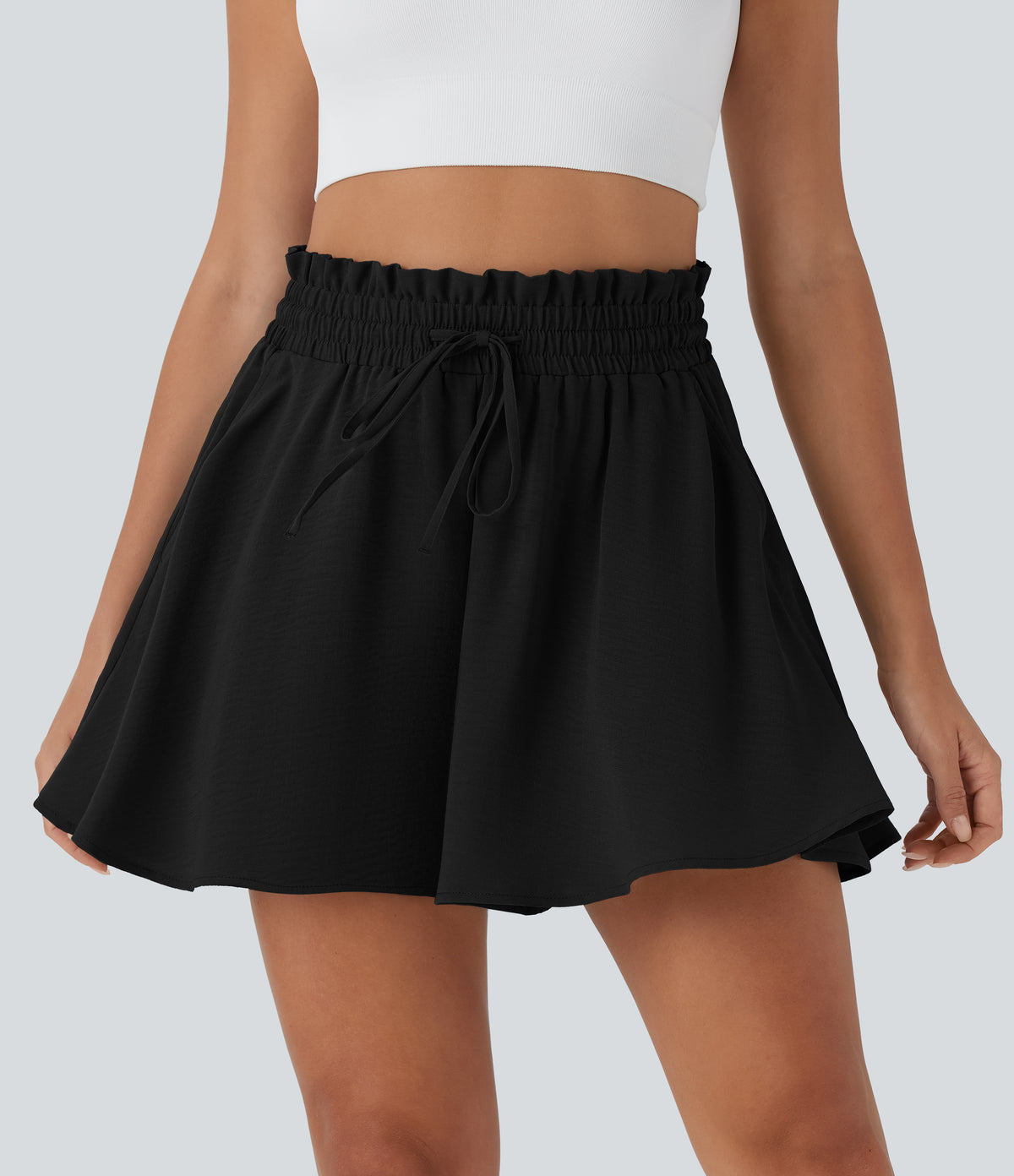 Paper Bag High Waist Drawstring Side Pocket Casual Linen-Feel Wide Leg Shorts — Black — view 6