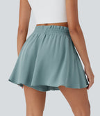 Paper Bag High Waist Drawstring Side Pocket Casual Linen-Feel Wide Leg Shorts — Morning Dew Green — view 3