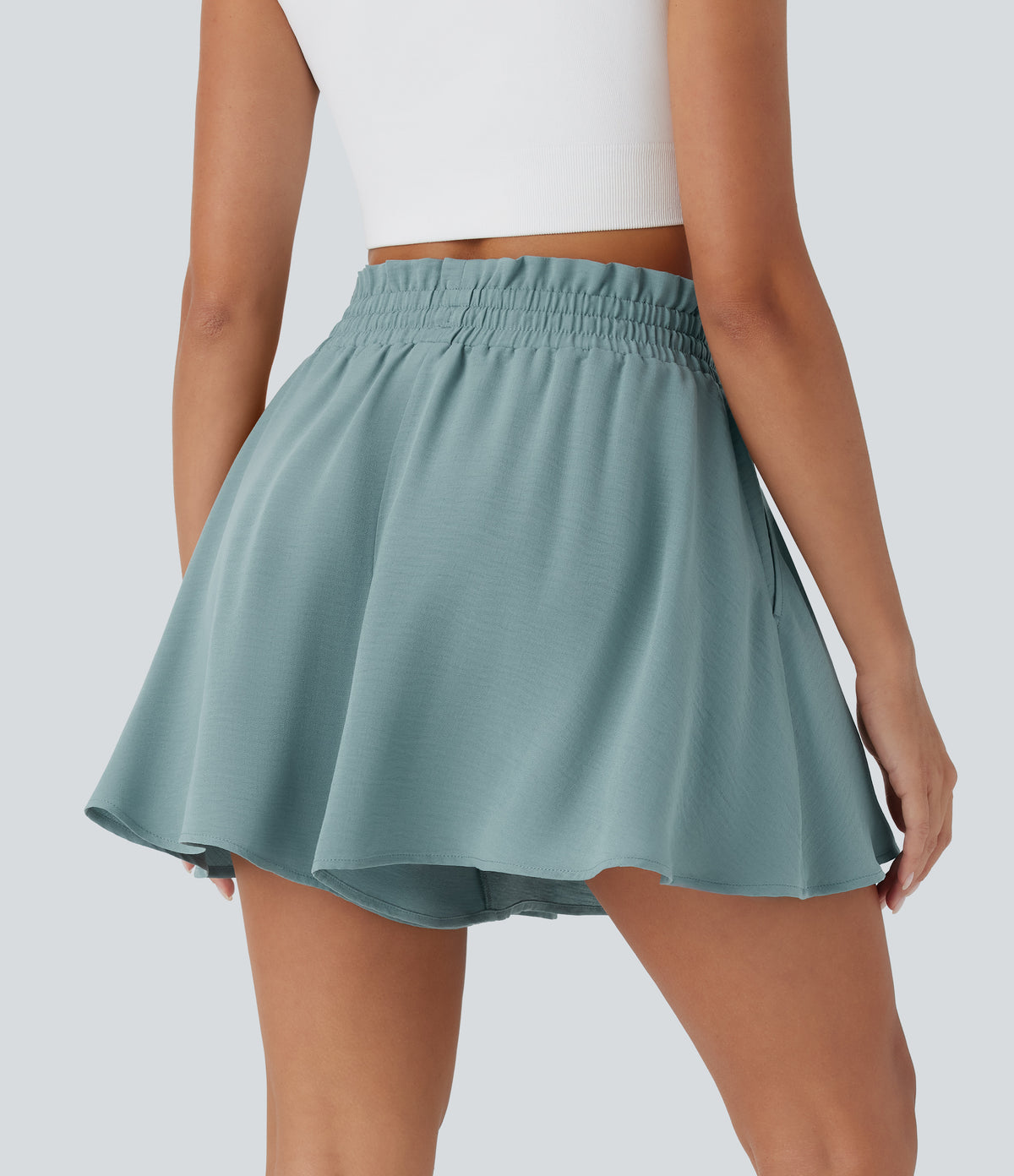 Paper Bag High Waist Drawstring Side Pocket Casual Linen-Feel Wide Leg Shorts — Morning Dew Green — view 3