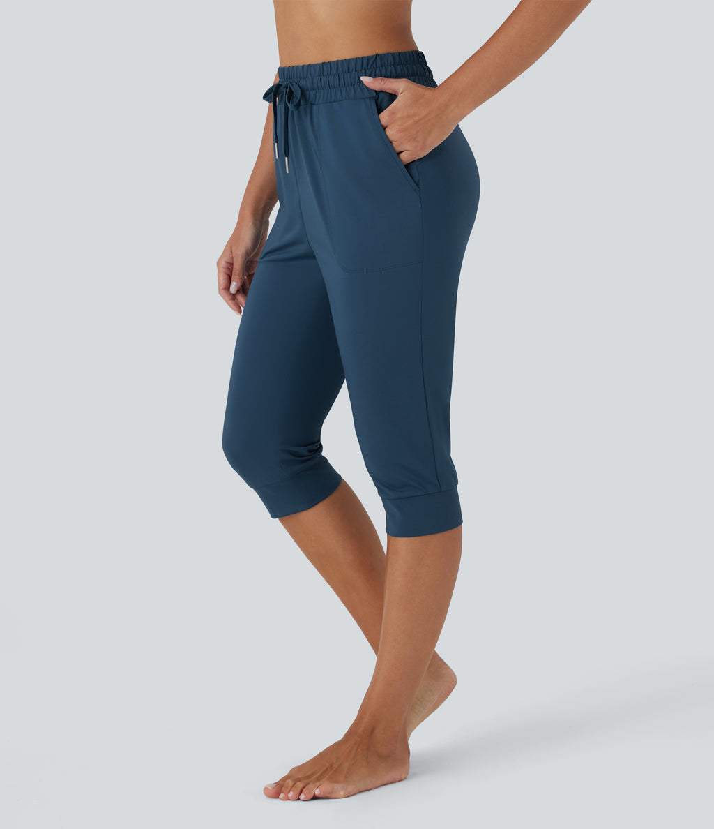 High Waisted Drawstring Side Pocket Dance Cropped Capri Joggers — Oxford Blue — view 3