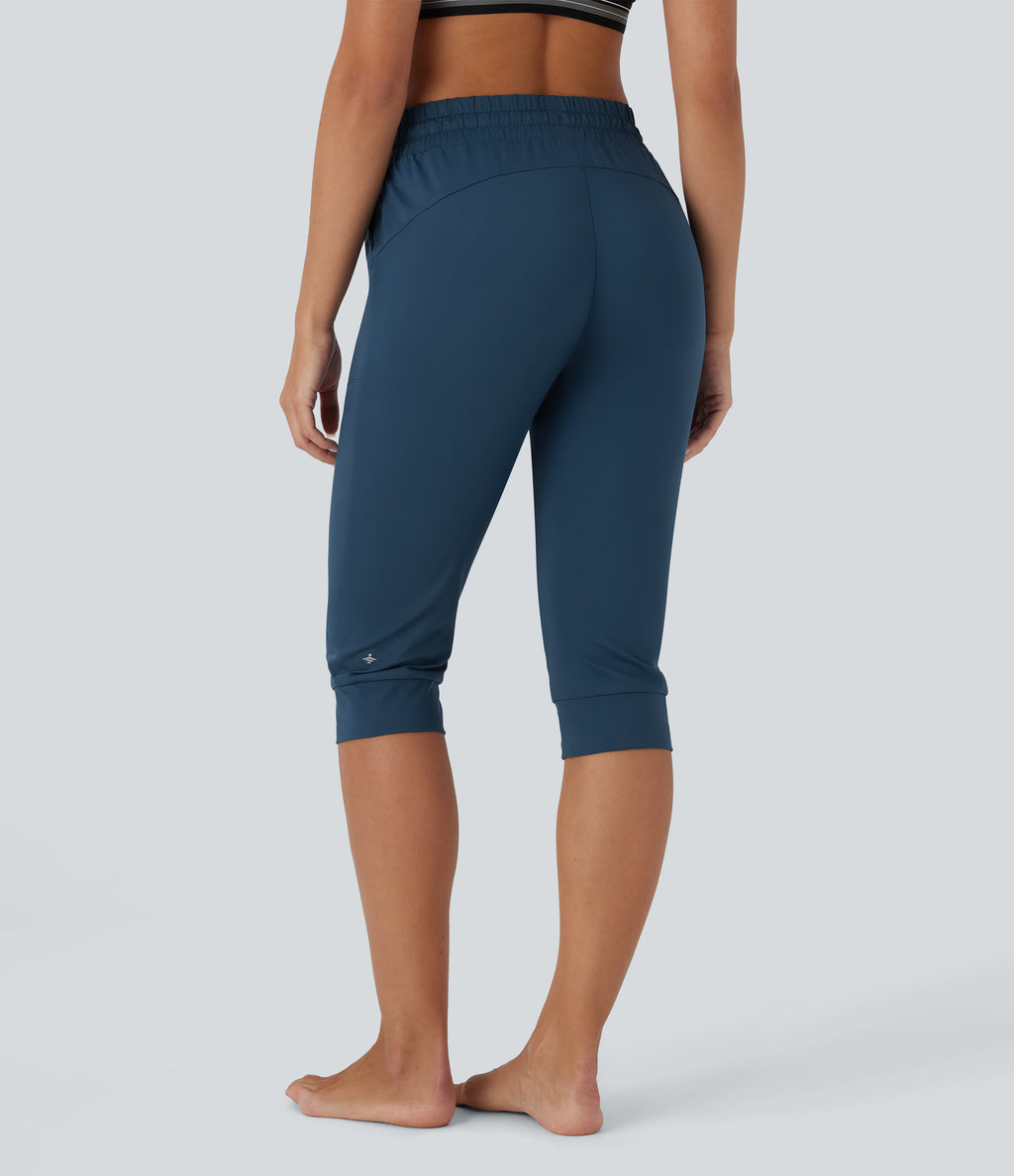 High Waisted Drawstring Side Pocket Dance Cropped Capri Joggers — Oxford Blue — view 2