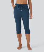 High Waisted Drawstring Side Pocket Dance Cropped Capri Joggers — Oxford Blue — view 1