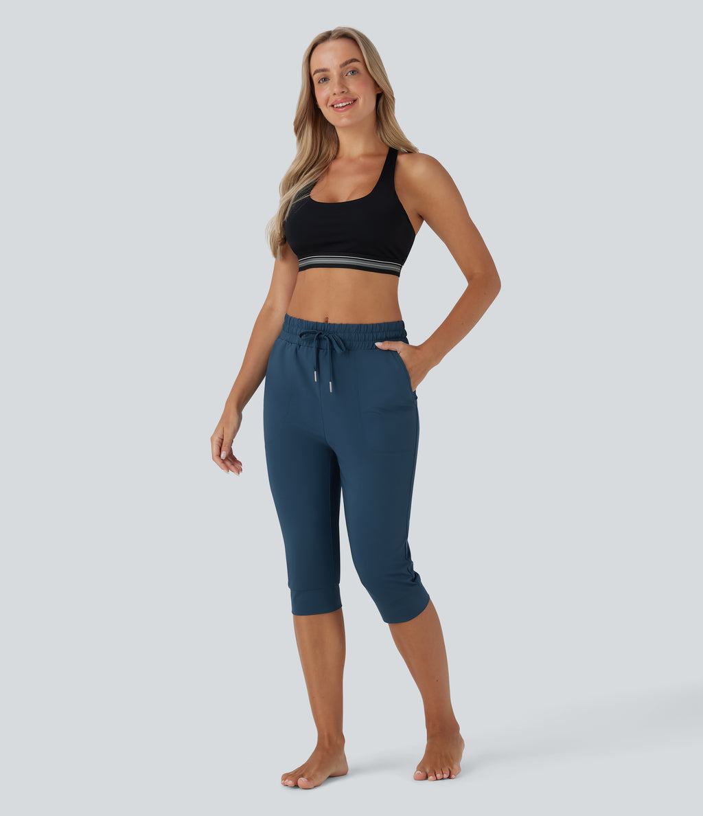 High Waisted Drawstring Side Pocket Dance Cropped Capri Joggers — Oxford Blue — view 6