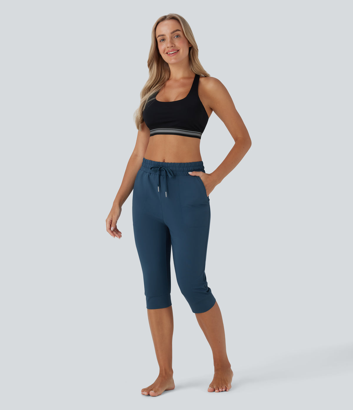 High Waisted Drawstring Side Pocket Dance Cropped Capri Joggers — Oxford Blue — view 6