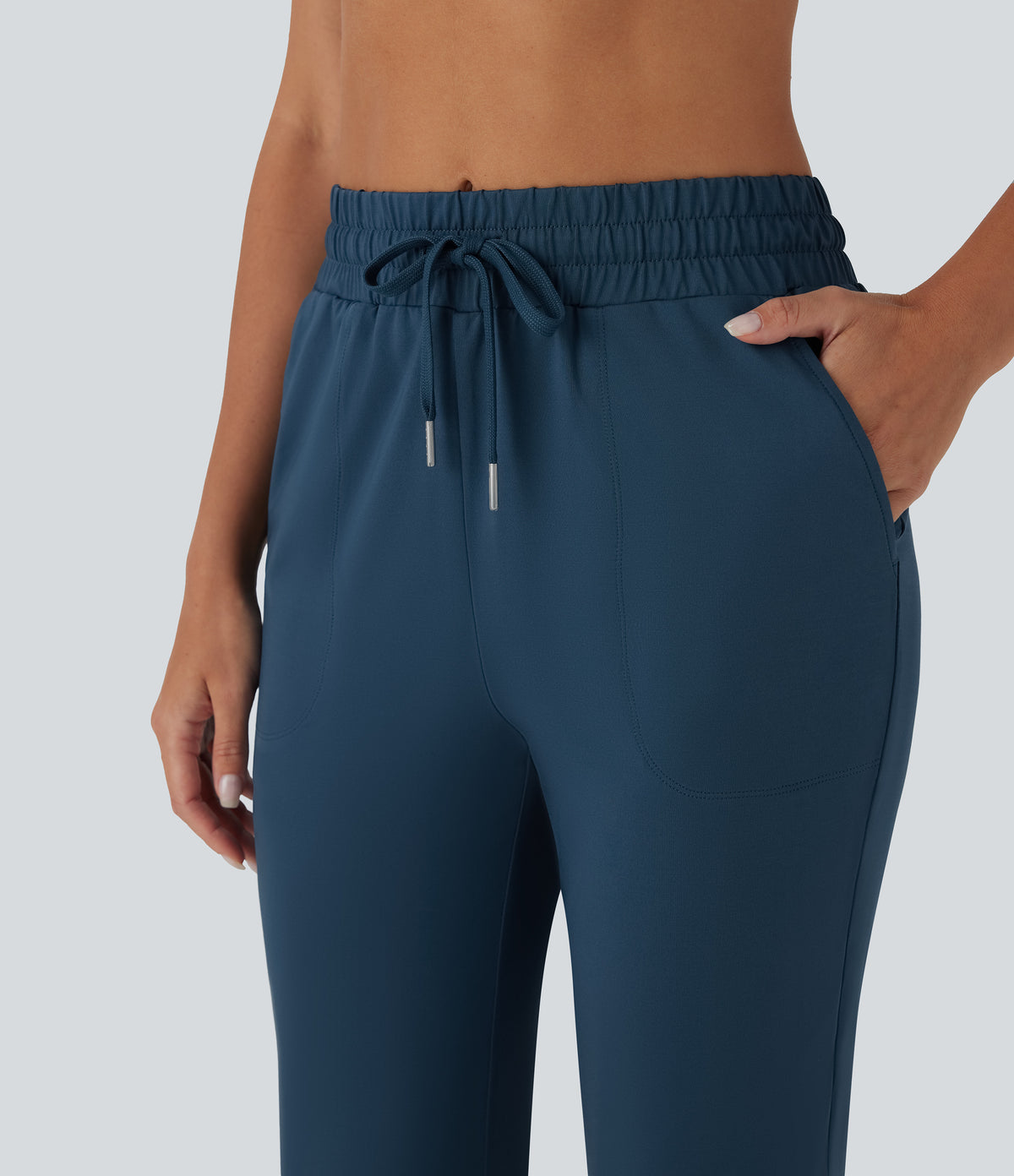 High Waisted Drawstring Side Pocket Dance Cropped Capri Joggers — Oxford Blue — view 4