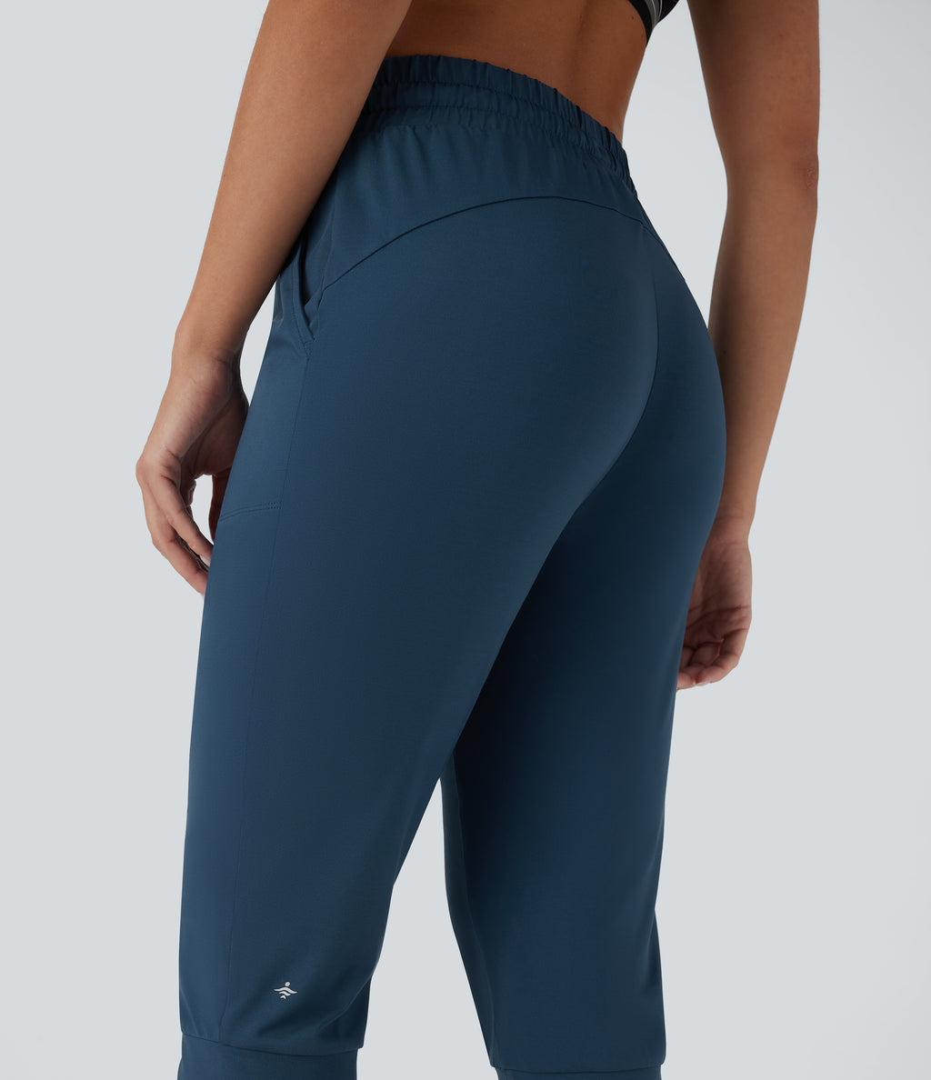 High Waisted Drawstring Side Pocket Dance Cropped Capri Joggers — Oxford Blue — view 5