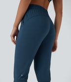 High Waisted Drawstring Side Pocket Dance Cropped Capri Joggers — Oxford Blue — view 5