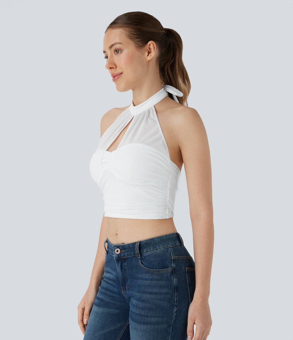 Halter Tie Back Backless Cut Out Contrast Mesh Cropped Casual Top — White — view 3