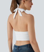 Halter Tie Back Backless Cut Out Contrast Mesh Cropped Casual Top — White — view 4