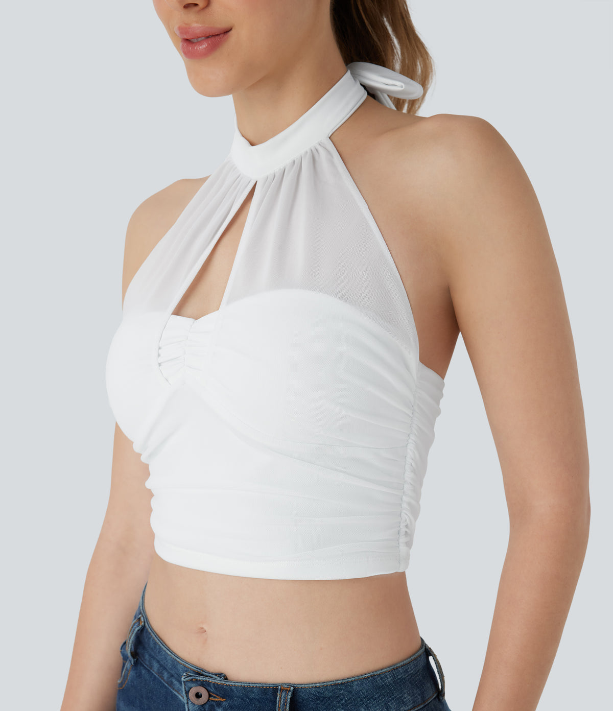 Halter Tie Back Backless Cut Out Contrast Mesh Cropped Casual Top — White — view 5