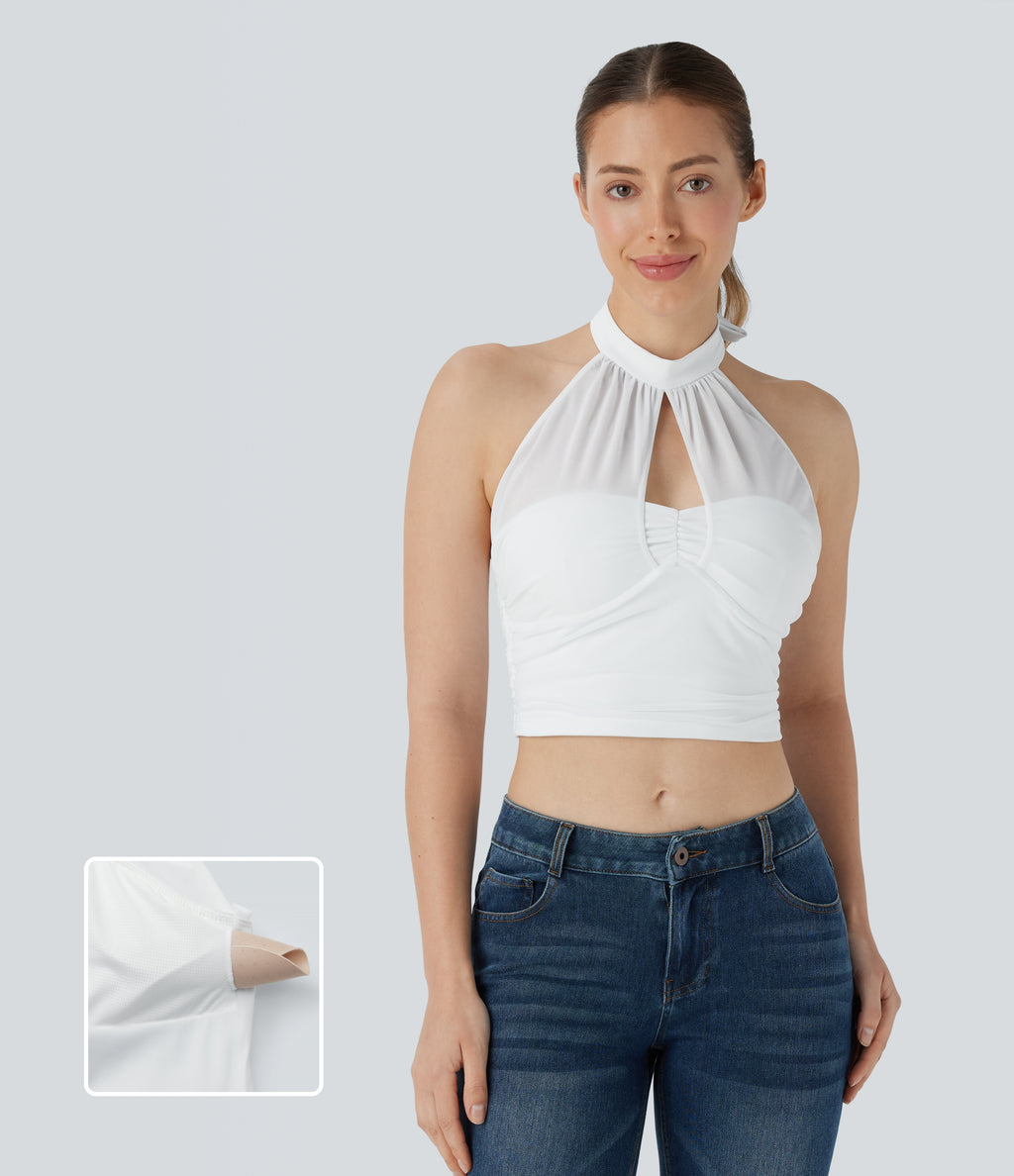 Halter Tie Back Backless Cut Out Contrast Mesh Cropped Casual Top — White — view 1