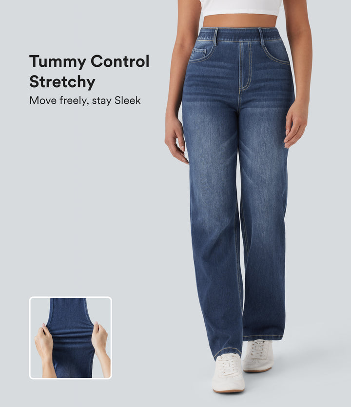 High Waisted Tummy Control Pockets Straight Leg Washed Casual Jeans — Distressed Denim Dark Blue — view 1