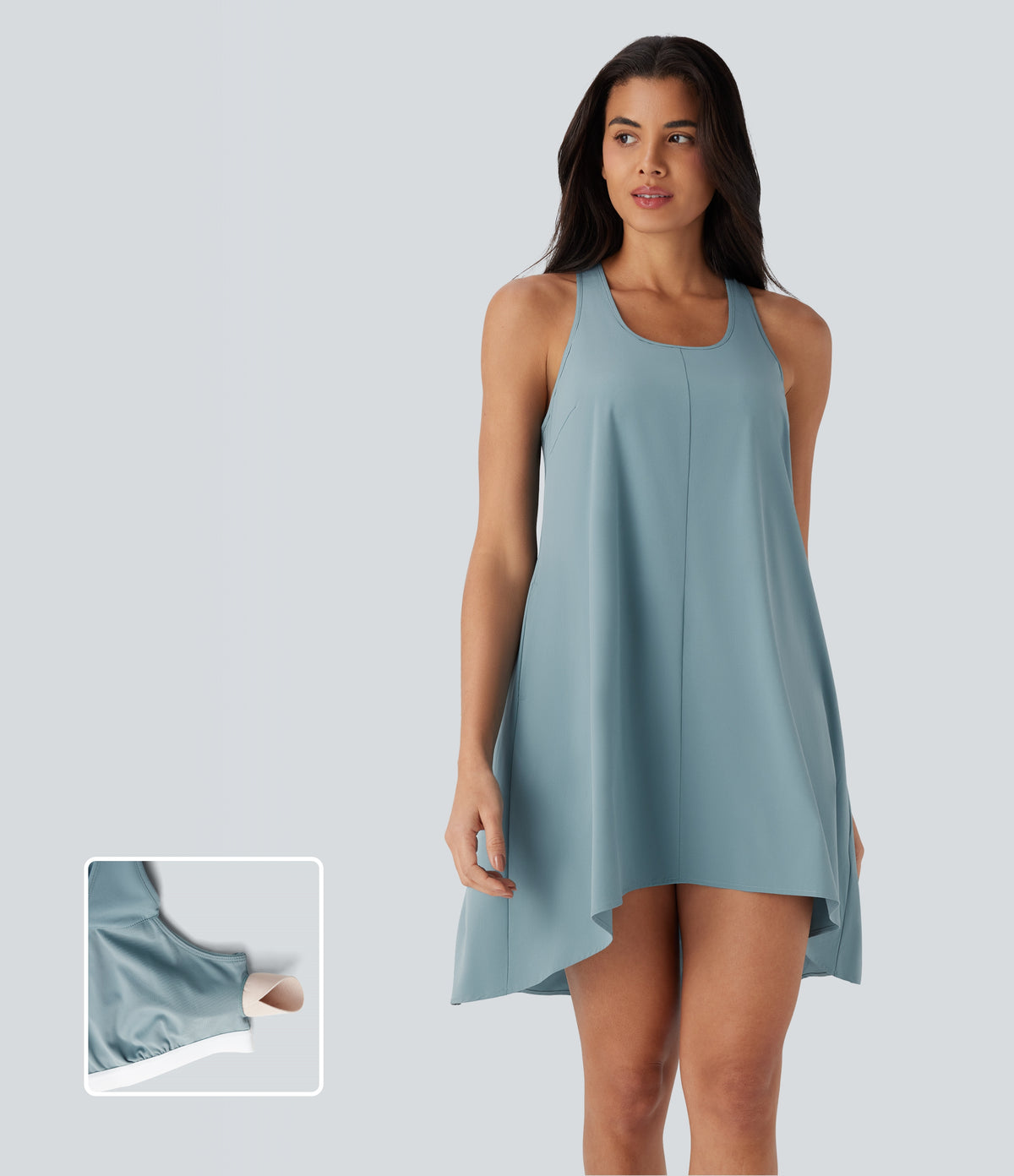 Backless Racerback Side Pocket High Low Flowy Mini Quick Dry Casual Dress — Stone Blue — view 1