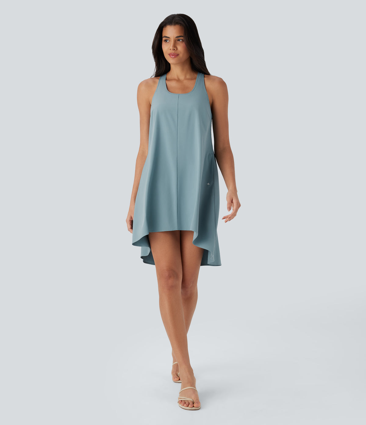 Backless Racerback Side Pocket High Low Flowy Mini Quick Dry Casual Dress — Stone Blue — view 6