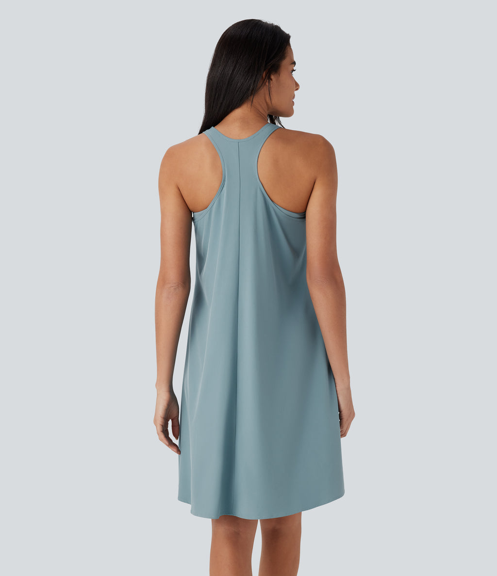 Backless Racerback Side Pocket High Low Flowy Mini Quick Dry Casual Dress — Stone Blue — view 2