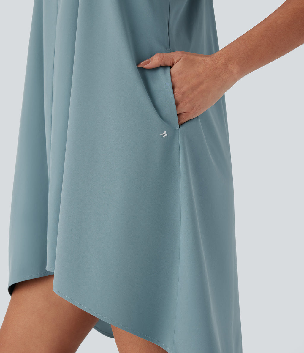 Backless Racerback Side Pocket High Low Flowy Mini Quick Dry Casual Dress — Stone Blue — view 5