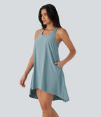 Backless Racerback Side Pocket High Low Flowy Mini Quick Dry Casual Dress — Stone Blue — view 3