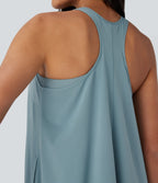 Backless Racerback Side Pocket High Low Flowy Mini Quick Dry Casual Dress — Stone Blue — view 4