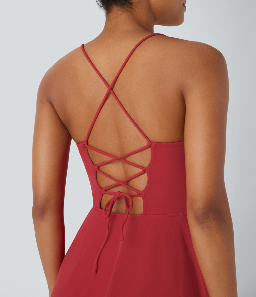 Backless Lace Up 2-in-1 Pocket High Low Contrast Mesh Flowy Midi Dance Active Dress — Samba — view 4