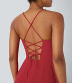 Backless Lace Up 2-in-1 Pocket High Low Contrast Mesh Flowy Midi Dance Active Dress — Samba — view 4