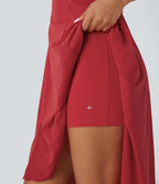 Backless Lace Up 2-in-1 Pocket High Low Contrast Mesh Flowy Midi Dance Active Dress — Samba — view 6