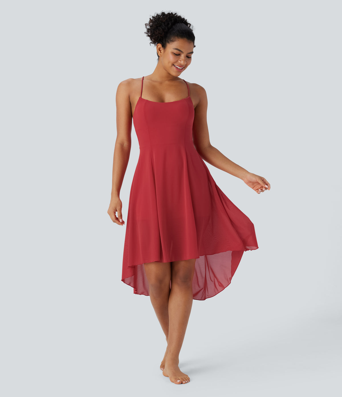 Backless Lace Up 2-in-1 Pocket High Low Contrast Mesh Flowy Midi Dance Active Dress — Samba — view 2