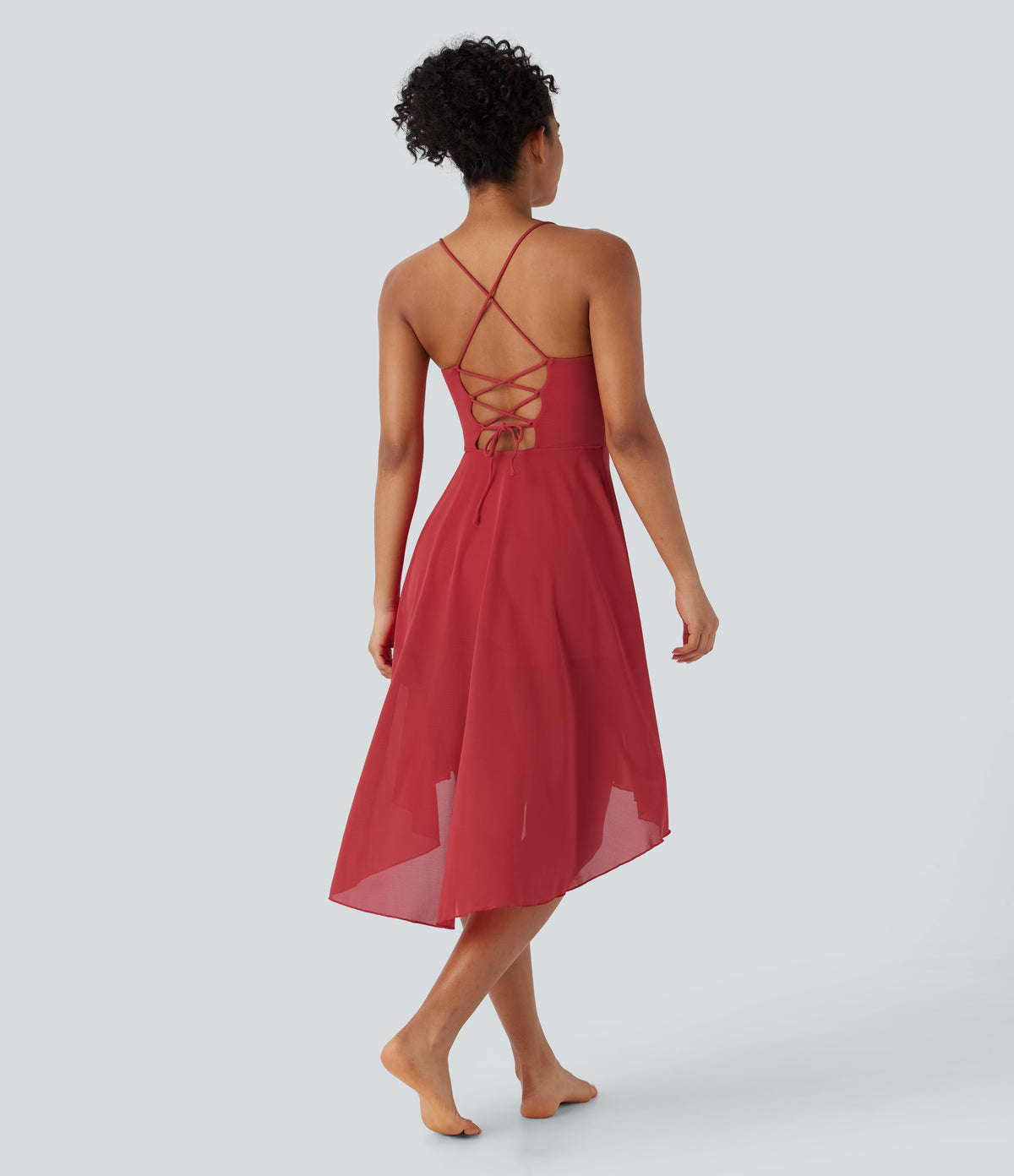Backless Lace Up 2-in-1 Pocket High Low Contrast Mesh Flowy Midi Dance Active Dress — Samba — view 1