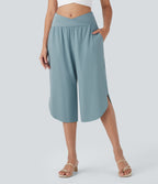 High Waisted Crossover Side Pocket Split Quick Dry Capri Resort Trousers — Stone Blue — view 3